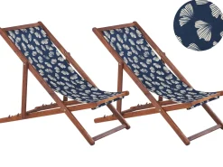 Beliani Aurinkotuoli Tumma Akaasia Vaihtokankaat Luonnonvalkoinen/Laivastonsininen Kukat 2 Kpl Anzio Best Sale