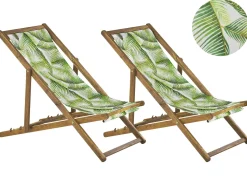 Beliani Aurinkotuoli Vaalea Akaasia Vaihtokankaat Luonnonvalkoinen/Vaaleanvihrea Palmunlehdet 2 Kpl Anzio Best