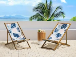 Beliani Aurinkotuoli Vaalea Akaasia Vaihtokankaat Luonnonvalkoinen/Sininen Palmunlehdet 2 Kpl Anzio Cheap