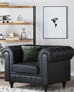 Beliani Iso Musta Keinonahkaverhoiltu Nojatuoli Chesterfield Clearance