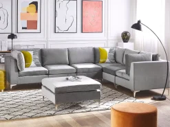 Beliani 6-Istuttava Kulmasohva Ja Rahi Sametti Vasenk. Harmaa Evja Hot