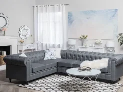 Beliani 6-Istuttava Kulmasohva Kangas Oikeak. Vaaleanharmaa Chesterfield Best