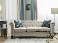 Beliani 3-Istuttava Sohva Kangas Beige Keskikokoinen Chesterfield New