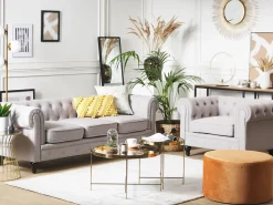 Beliani 3-Istuttava Sohva Kangas Vaaleanharmaa Chesterfield Store