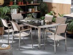 Beliani 6-Istuttava Ulkoruokailuryhma 3-Osainen Graniittitaso Tekstiilituolit Musta/Beige Grosseto Shop