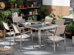 Beliani 6-Istuttava Ulkoruokailuryhma Poltettu Graniittitaso Tekstiilituolit Musta/Beige Grosseto Discount