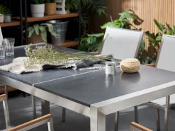 Beliani 6-Istuttava Ulkoruokailuryhma Poltettu Graniittitaso Tekstiilituolit Musta/Beige Grosseto Discount