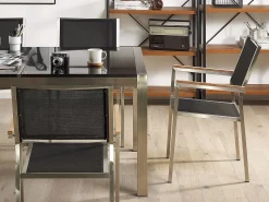 Beliani 6-Istuttava Ulkoruokailuryhma Poltettu Graniittitaso Tekstiilituolit Musta Grosseto Shop