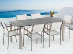 Beliani 6-Istuttava Ulkoruokailuryhma Poltettu Graniittitaso Tekstiilituolit Valkoinen Grosseto Sale