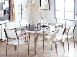 Beliani 6-Istuttava Ulkoruokailuryhma Graniittitaso Tekstiilituolit Musta/Valkoinen Grosseto Cheap