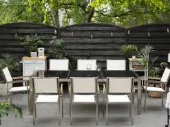 Beliani 8-Istuttava Ulkoruokailuryhma 3-Osainen Graniittitaso Tekstiilituolit Musta/Valkoinen Grosseto Store