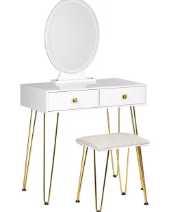 Beliani Kampauspoyta 2 Laatikkoa Led-Peili Jakkara Valkoinen/Kulta Caen Cheap