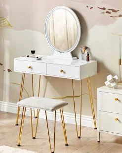 Beliani Kampauspoyta 2 Laatikkoa Led-Peili Jakkara Valkoinen/Kulta Caen Cheap