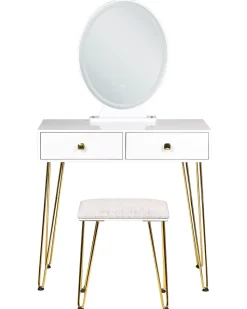 Beliani Kampauspoyta 2 Laatikkoa Led-Peili Jakkara Valkoinen/Kulta Caen Cheap