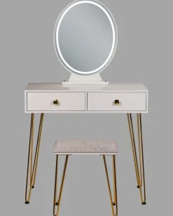 Beliani Kampauspoyta 2 Laatikkoa Led-Peili Jakkara Valkoinen/Kulta Caen Cheap