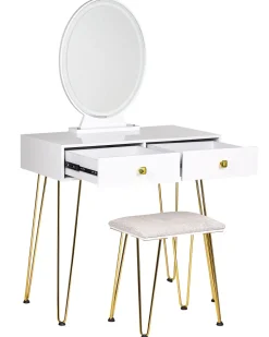 Beliani Kampauspoyta 2 Laatikkoa Led-Peili Jakkara Valkoinen/Kulta Caen Cheap