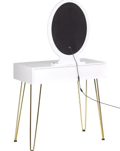 Beliani Kampauspoyta 2 Laatikkoa Led-Peili Jakkara Valkoinen/Kulta Caen Cheap