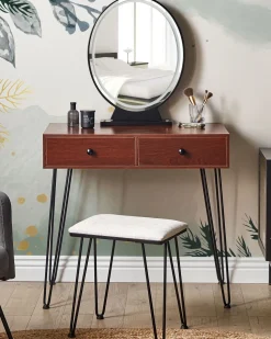 Beliani Kampauspoyta 2 Laatikkoa Led-Peili Jakkara Tumma Puu/Musta Loix Shop