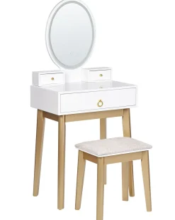 Beliani Kampauspoyta 3 Laatikkoa Led-Peili Jakkara Valkoinen/Kulta Rosey Clearance