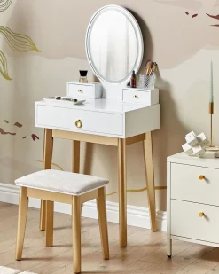 Beliani Kampauspoyta 3 Laatikkoa Led-Peili Jakkara Valkoinen/Kulta Rosey Clearance