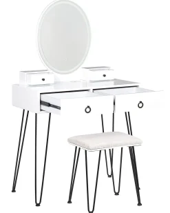 Beliani Kampauspoyta 4 Laatikkoa Led-Peili Usb-Portti Jakkara Valkoinen/Musta Soye Fashion