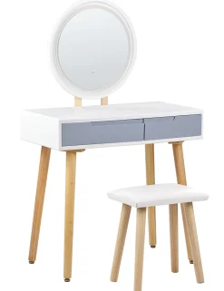 Beliani Kampauspoyta 2 Laatikkoa Led-Peili Jakkara Valkoinen/Harmaa Josselin Sale