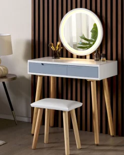 Beliani Kampauspoyta 2 Laatikkoa Led-Peili Jakkara Valkoinen/Harmaa Josselin Sale