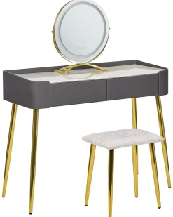 Beliani Kampauspoyta 2 Laatikkoa Led-Peili Jakkara Harmaa/Kulta Surin Hot