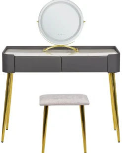 Beliani Kampauspoyta 2 Laatikkoa Led-Peili Jakkara Harmaa/Kulta Surin Hot