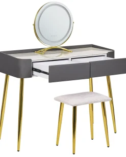 Beliani Kampauspoyta 2 Laatikkoa Led-Peili Jakkara Harmaa/Kulta Surin Hot