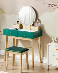 Beliani Kampauspoyta 4 Laatikkoa Led-Peili Jakkara Smaragdinvihrea/Kulta Fedry Outlet