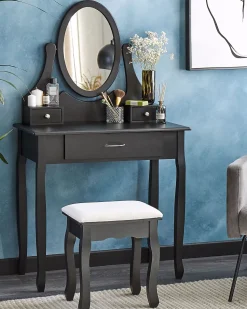 Beliani Kampauspoyta 3 Laatikkoa Peili Jakkara Musta Astre Cheap