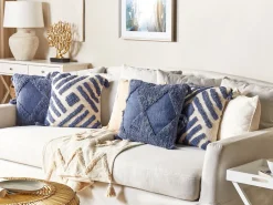 Beliani Koristetyyny Puuvilla Vaalea Beige/Sininen 45 X 45 Cm 2 Kpl Jacaranda Sale