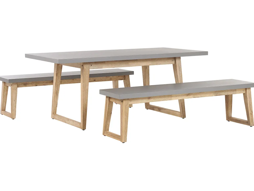 Beliani Puutarhakalustesetti Poydalla Ja 2 Penkilla Harmaa/Vaalea Puu Oria Store