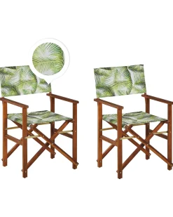 Beliani Puutarhatuoli Tumma Akasiapuu Vaihtokangas 2 Kpl Harmaa/Trooppinen Lehtikuvio 2 Kpl Cine Store