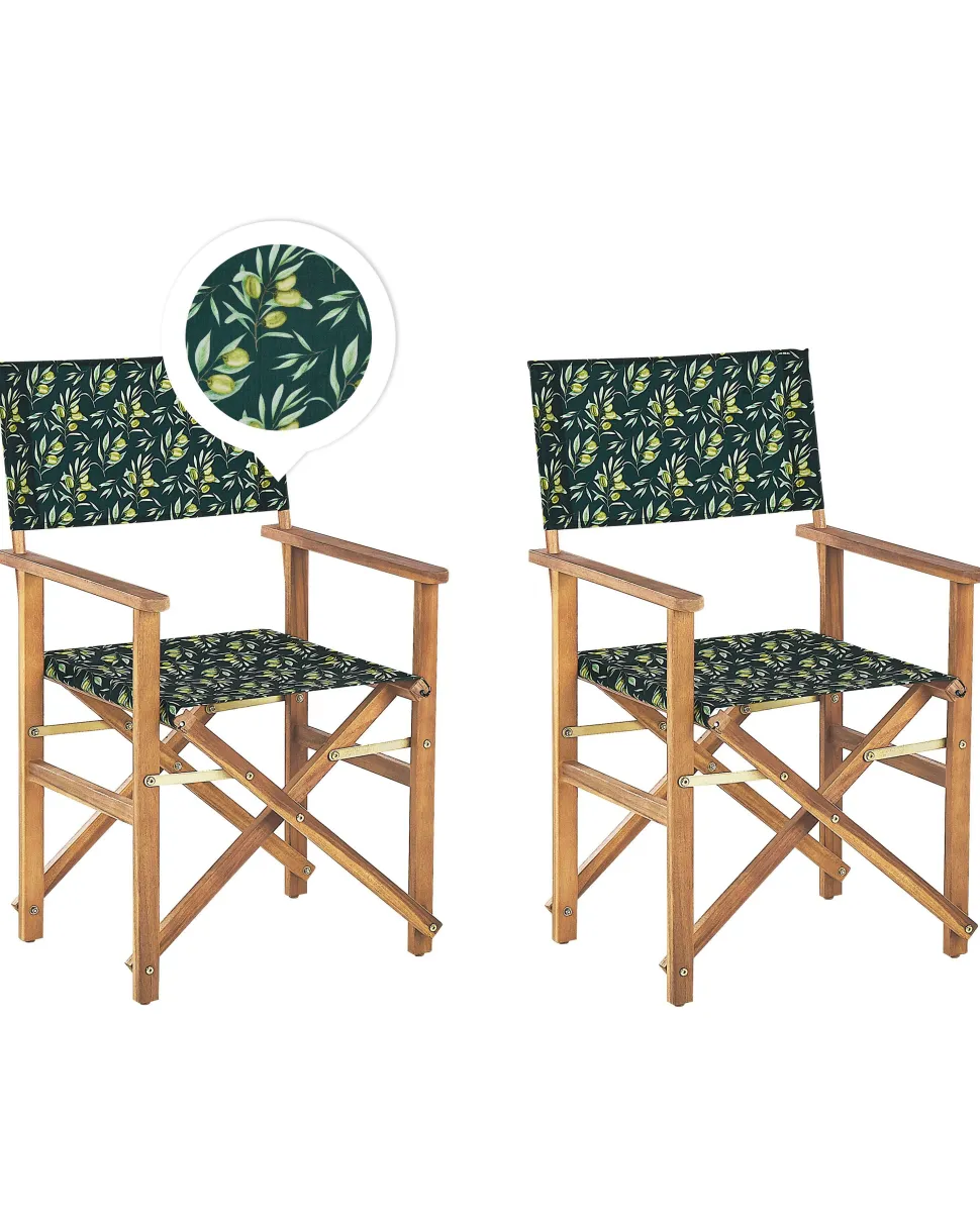 Beliani Puutarhatuoli Vaalea Akasiapuu Vaihtokangas 2 Kpl Harmaa/Oliivikuvio 2 Kpl Cine New