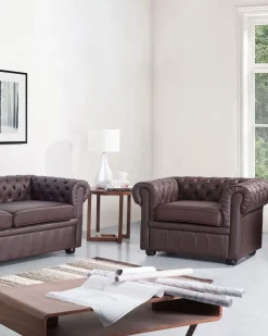 Beliani Ruskea Nahkaverhoiltu Nojatuoli Chesterfield Store