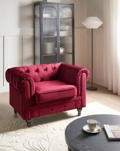 Beliani Tummanpunainen Samettiverhoiltu Nojatuoli Chesterfield Outlet