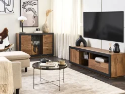 Beliani Tv-Taso Led-Valo Kaappi Laatikko Vaalea Puu/Musta Marana Shop