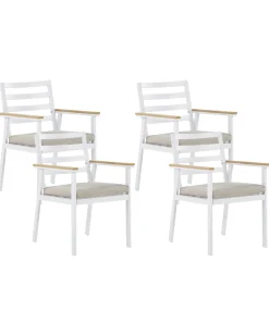 Beliani Valkoinen 4 Kpl Puutarhatuolisetti Beigeilla Tyynyilla Cavoli New